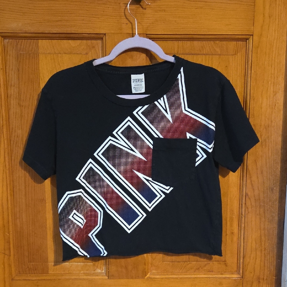 PINK Victoria's Secret Black Tee with Red and Blue Graphic
